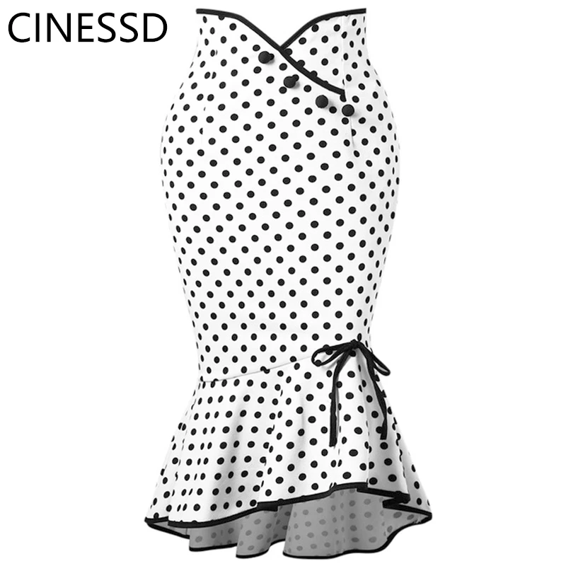 

Cinessd2019 Explosion Models Casual Chinese Style Button Lace Printing Black White Sexy Fresh Sweet Lotus Leaf Side Wave Skirt