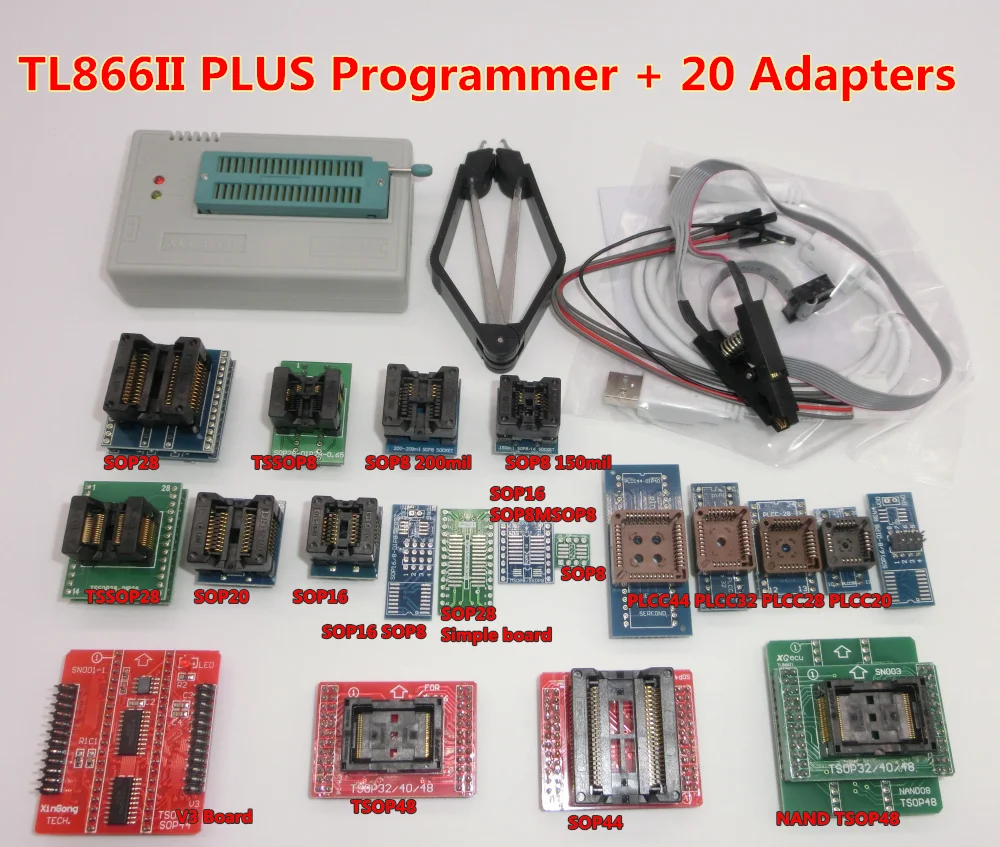 

100% Original New V8.33 TL866II Plus Universal Minipro Programmer+26 Adapters+Test Clip TL866 PIC Bios High speed Programmer