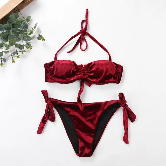 9225 wine red Ободок с ремешками набор бархатных бикини для женщин двухкомпонентный купальник купальный пляжный костюм Купальники Холтер треугольник купальная одежда - Цвет: 9225 wine red