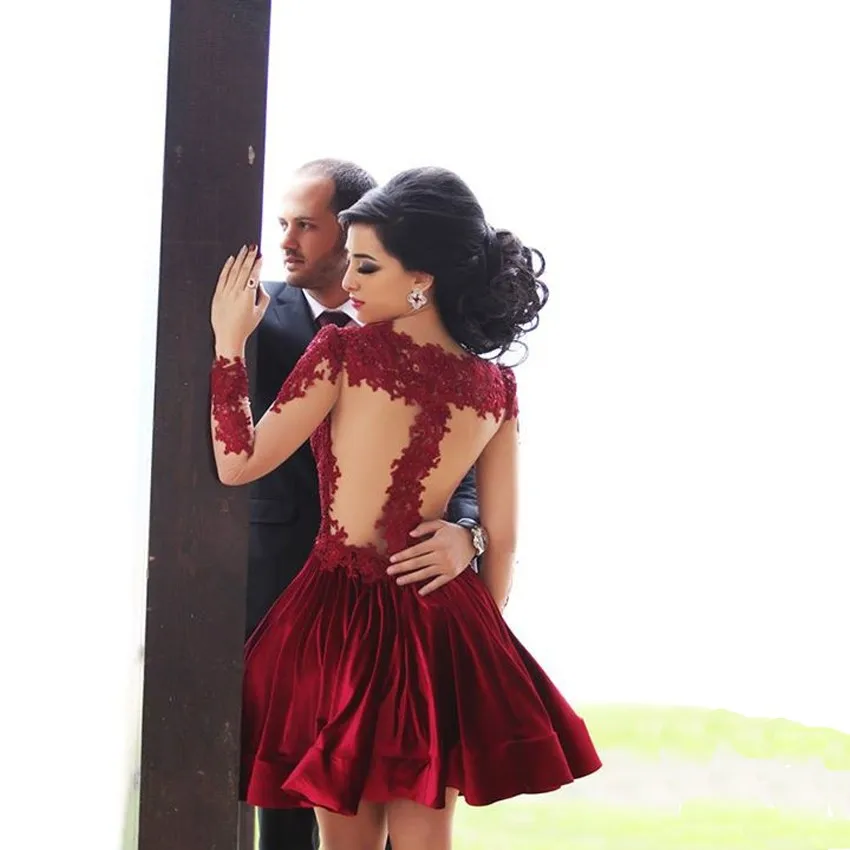 Красивое ТРАПЕЦИЕВИДНОЕ прозрачное кружевное красное короткое платье для выпускного вечера с аппликацией короткое вечернее платье с длинным рукавом Вечерние платья vestidos