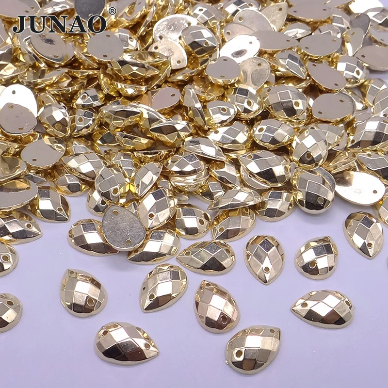 

JUNAO 8*12mm Sewing Gold Color Crystal Drop Rhinestones Flatback Golden Acrylic Crystals Stones Sew On Beads For Clothes Crafts