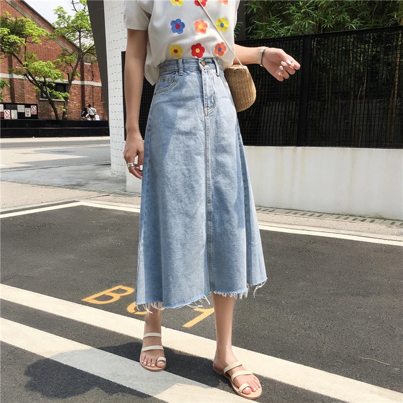 HziriP Korea Chic Fashion New Summer High Waist Women All-Match Simple Loose Streetwear Denim Female A-Line Mid-Calf Skirts