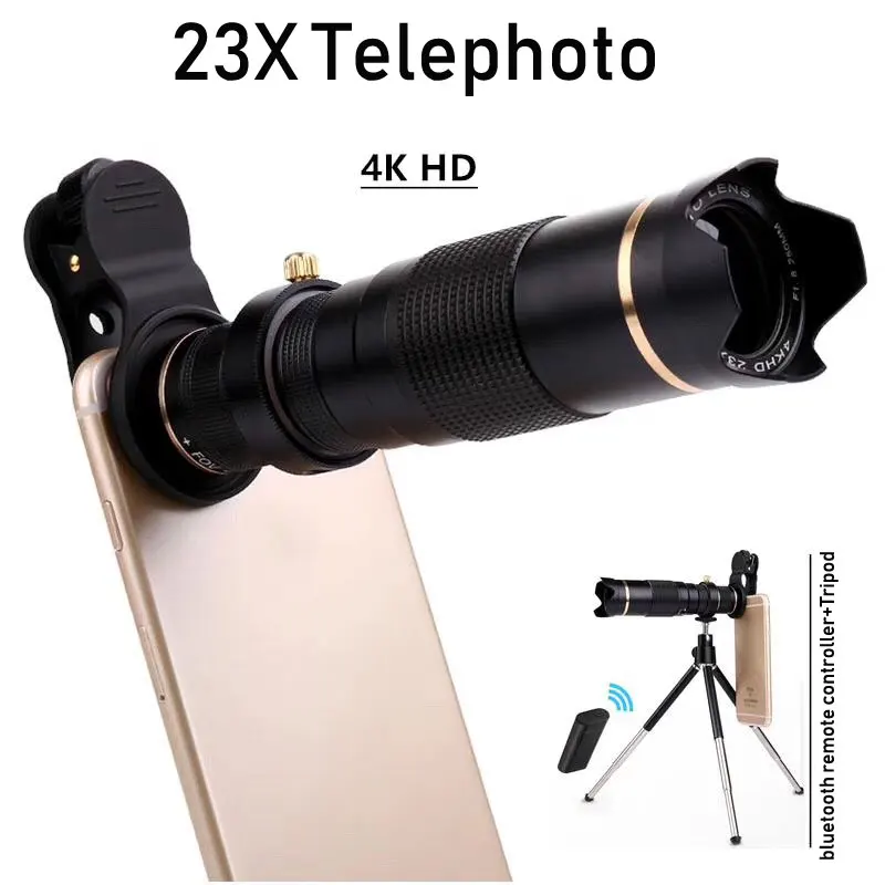 23X4 K HD تليفوتوغرافي تلسكوب العالمي مشبك هاتف خلوي ينس مع سماعة لاسلكية تعمل بالبلوتوث التحكم و ترايبود 23 XTelephoto عدسة 23X4 K HD تليفوتوغرافي تلسكوب العالمي مشبك هاتف خلوي ينس مع سماعة لاسلكية تعمل بالبلوتوث التحكم و ترايبود 23 XTelephoto عدسة