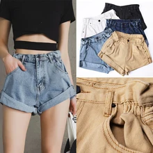 Pantalones cortos vaqueros estilo europeo Vintage de algodón para mujer, pantalones cortos elásticos de cintura alta, verano Casual ajustado sexy con puños, pantalones cortos vaqueros 2019