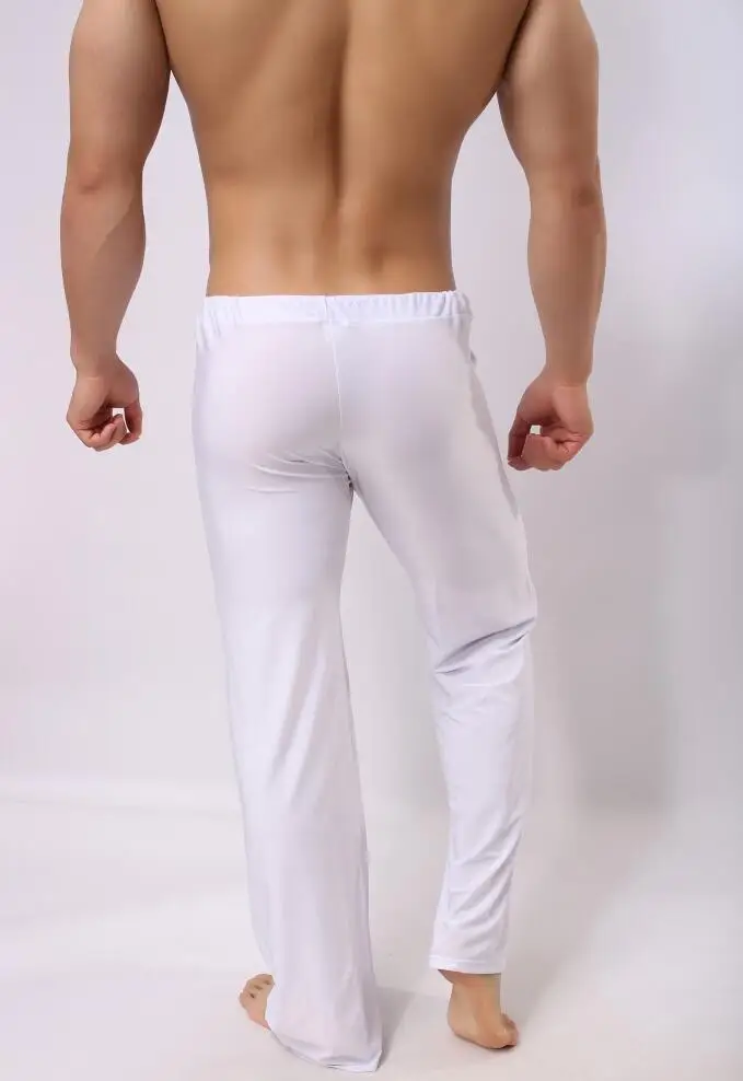 Мужские брюки мужские сна вискоза домашние штаны Свободные сексуальные мужчины отдых брюки молочного шелка Мода ремень пикантные Мужская