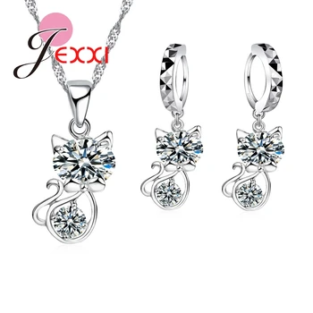 

Women CZ Crystal Necklace+Earrings Cute 925 Sterling Silver Cat Design Commemoration day's Jewelry Sets for Wedding Bridal
