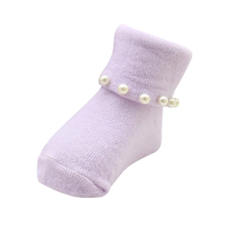 Милые весенние для новорожденного прекрасный, украшенное цветами и бусинами с кружевными вставками и носки для принцессы, Детские теплые натуральный хлопок яркие носки для малышей - Цвет: YTM1340 Purple