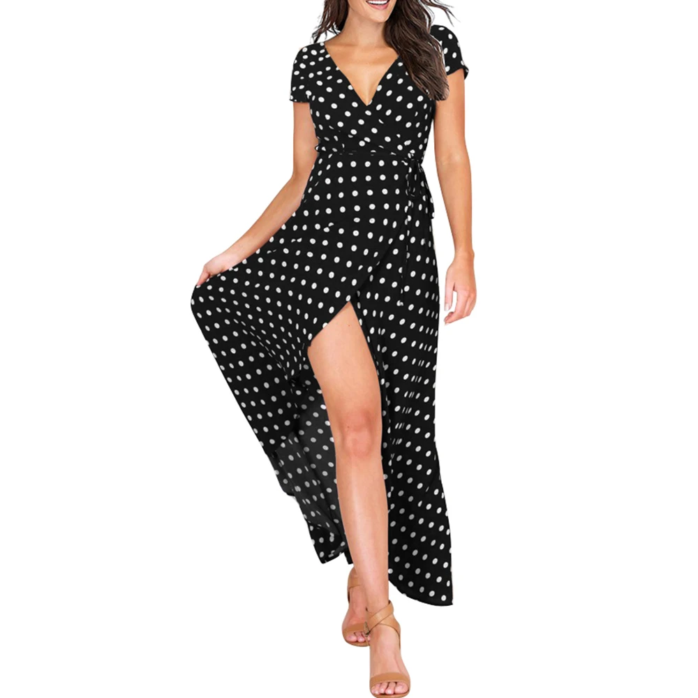 

Berydress Summer Short sleeve polka dot wrap dress Women sexy v neck split maxi dress vestidos elegant beach black long dress