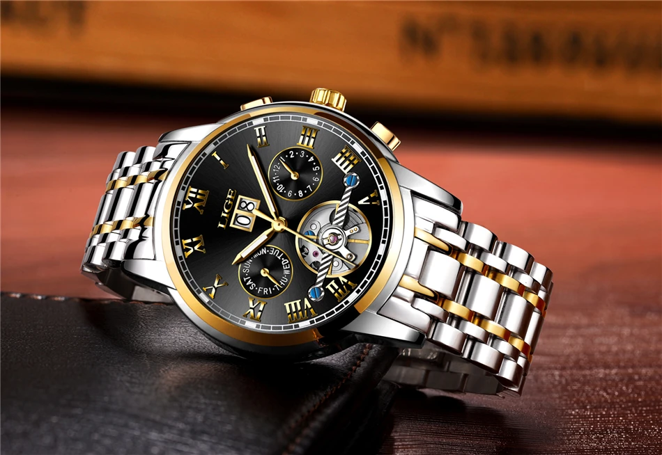 Роскошный бренд LIGE автоматические механические часы мужские модные золотые полностью стальные спортивные водонепроницаемые деловые часы Relogio Masculino