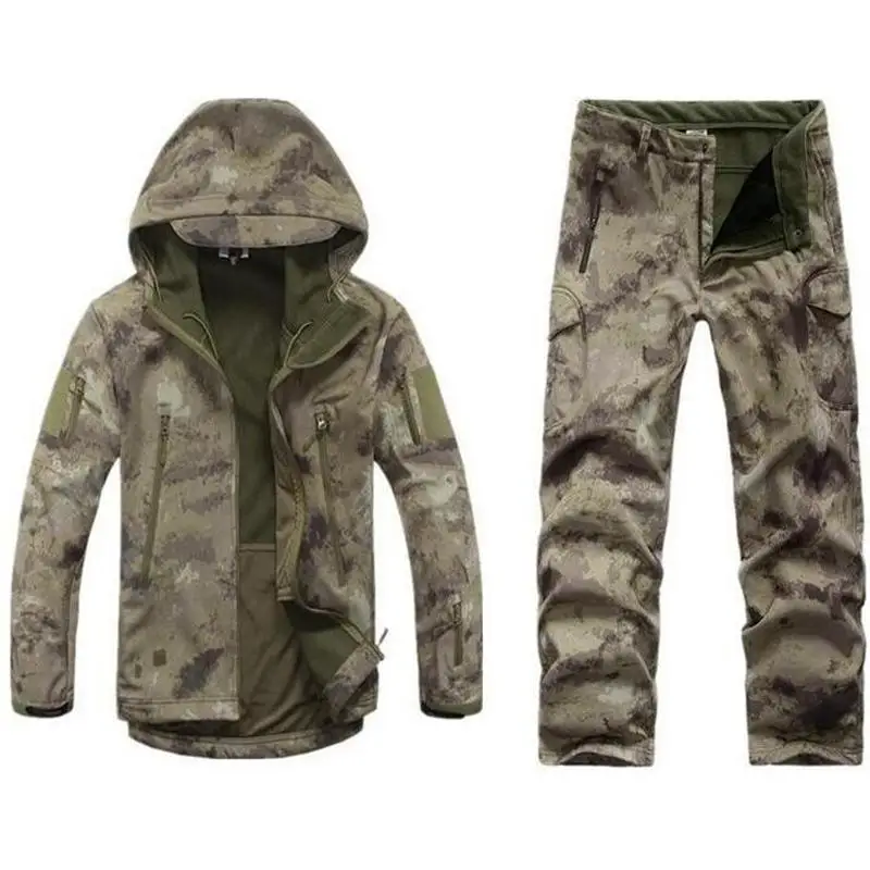 Камуфляжные комплекты для охоты, мужские зимние спортивные костюмы для охоты, рыбалки, флисовая куртка, водонепроницаемая ветровка+ брюки, комплекты для охоты