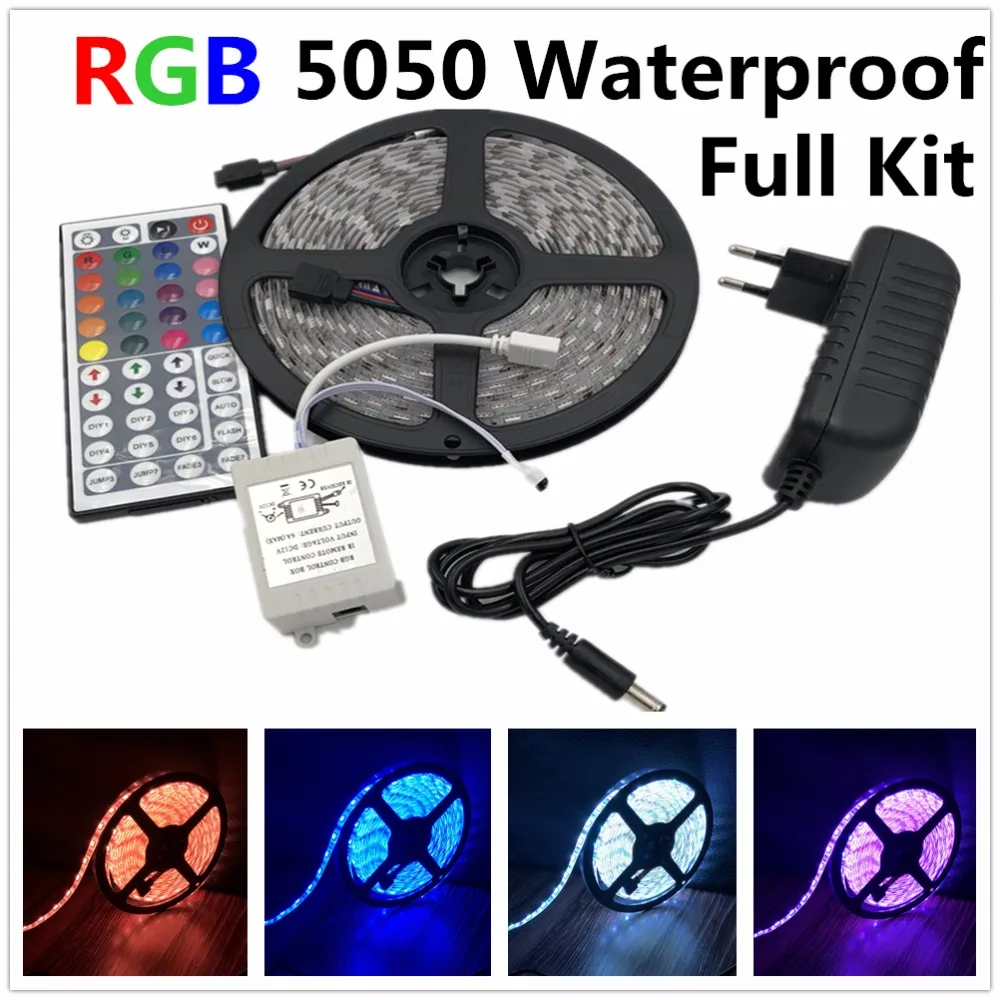 Светодиодные ленты светильник 5050 RGB лента Набор Водонепроницаемый ip65 300led 5 м с 44key пульт дистанционного управления 12V адаптер питания изменение цвета