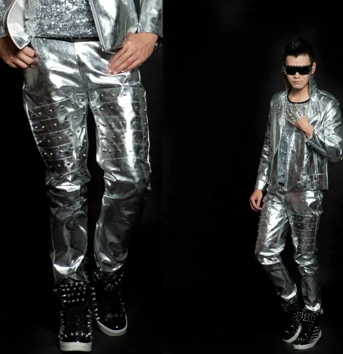 

Stage personality men pants silver rivets pant men feet trousers singer dance rock fashion european style pantalon homme
