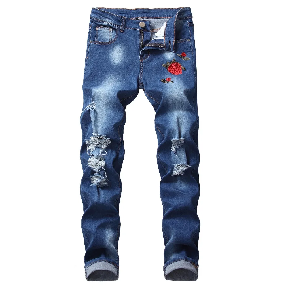 New Embroidered Jeans Mens Ripped Denim Jeans With Flowers Rose