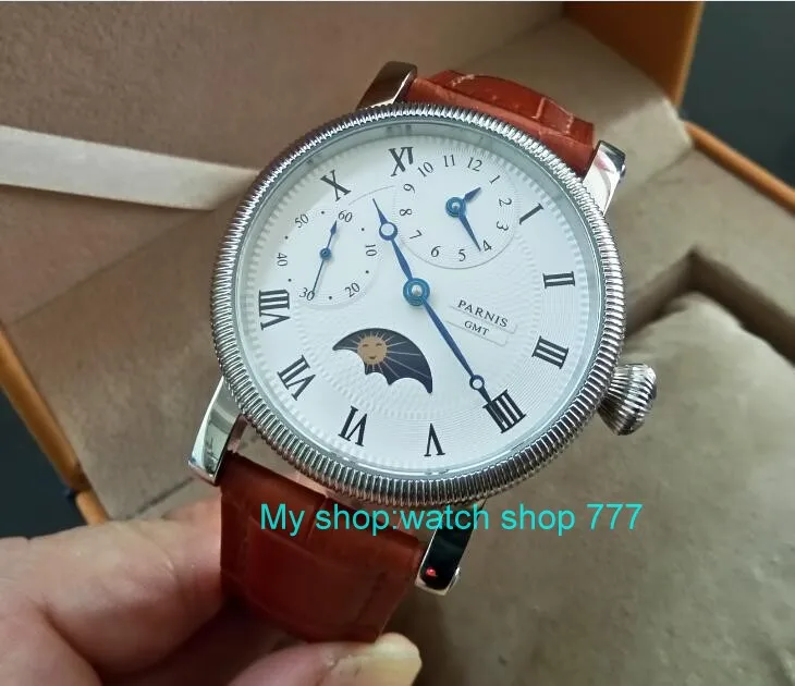 

44mm PARNIS Moon Phase GMT Mechanical Hand Wind movement men's watch Multi-function Mechanical watches wholesale YX002