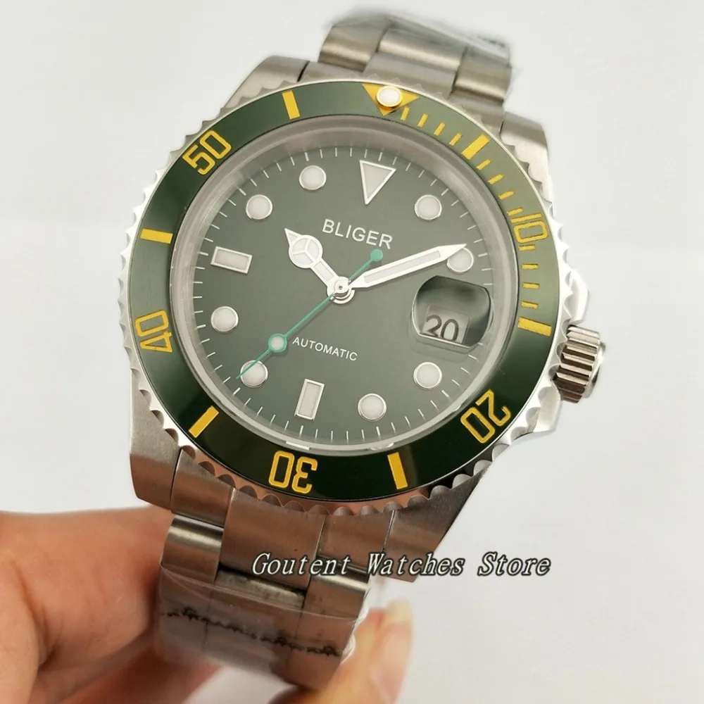  40mm Bliger SS. Case Green Dial Luminous Automatic Movement Bracelet Men's Watch