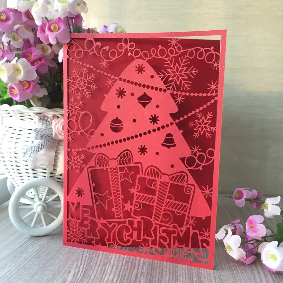 blue 50pcNew Merry Christmas Tree Vintage laser cut chinese red pearl paper custom greeting cards Christmas gifts souvenirs postcards