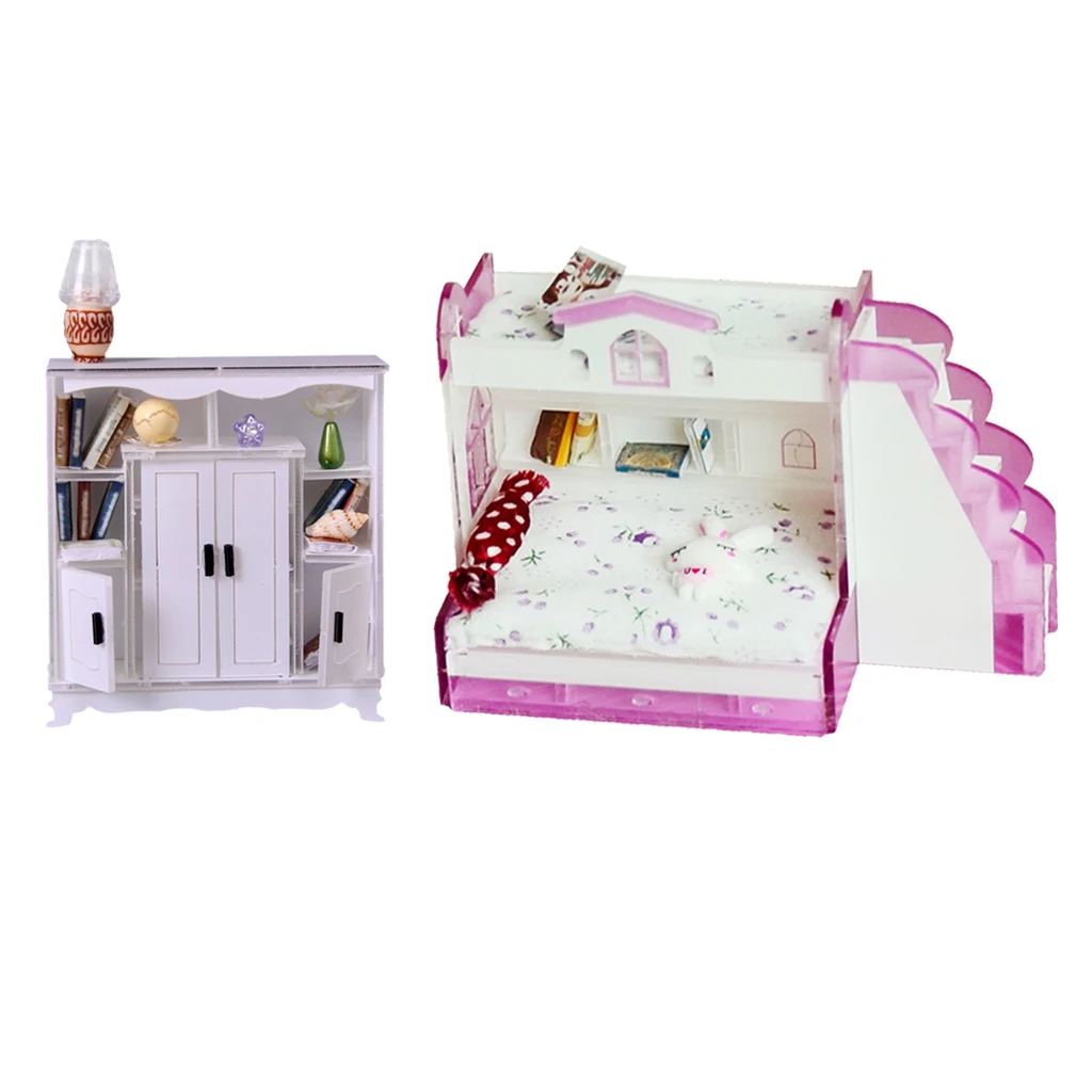 1/12 Miniature Children Bunk Bed Double Bunk & Cabinet Cupboard Books Shelf Dollhouse Bedroom Furniture Kids Pretend Play Toy