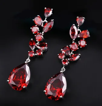 

Solid Sterling Silver Red Crystal AAAA Zircon Luxury Long Dangle Earrings High-end Dinner Accessories