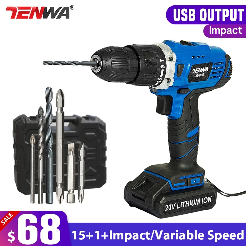 TENWA 20V ударная Аккумуляторная дрель литиевая батарея Зарядка штепсельная