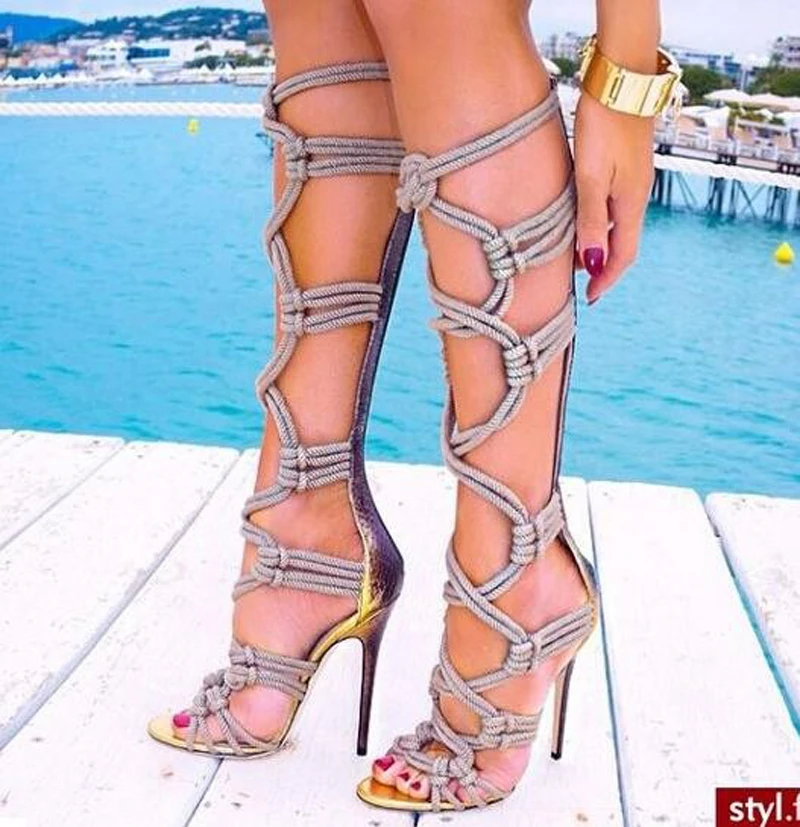 

2017 Summer New Fashion Braided rope Cut out Boots High Heel Sexy Over the Knee Boots Women Party Boots