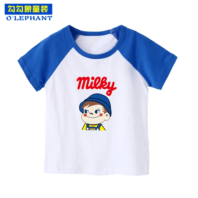 Летняя футболка для девочек и мальчиков с принтом из мультфильма молочного цвета хлопковая Футболка с реглан для мальчиков уличная одежда для маленьких детей, дышащие футболки в полоску