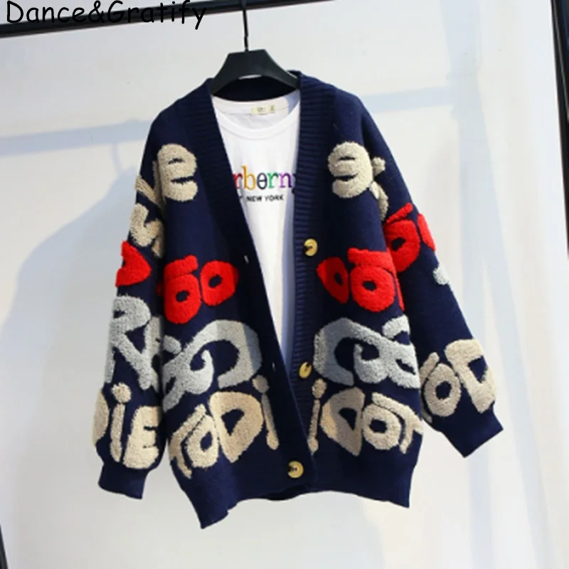

2019 new jacket autumn winter knitted cardigan Single Breasted thick loose letter Full sleeve lazy sweater Outwear
