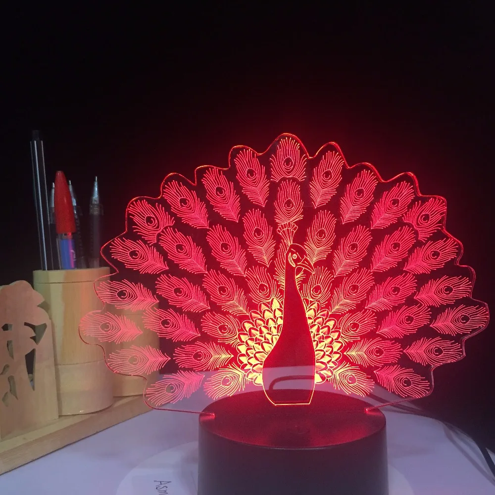  Peacock Spreads Tail Peafowl 3D LED Night Light 7 Color Changing Animal Table Lamp Home Decor Gifts - 32860422595