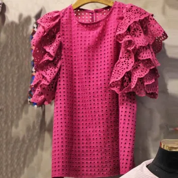 

streetwear Short Sleeve Elegant White Blouse Women Shirt Hollow Out Patchwork Ruffle Blouse Summer Tops 2019 Korean Blouse