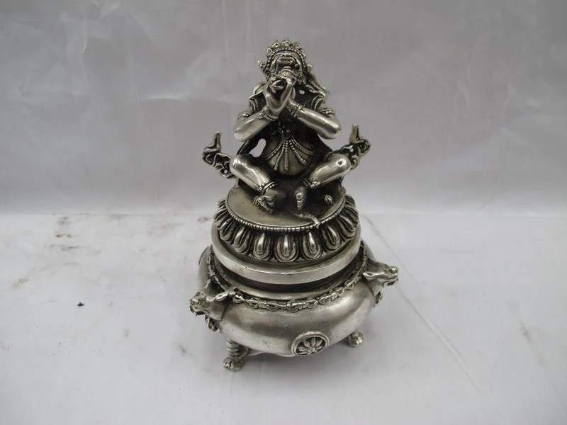 

8.5"Tibet Buddhism silver Jambhala foo dog Jambhala censer incense burner
