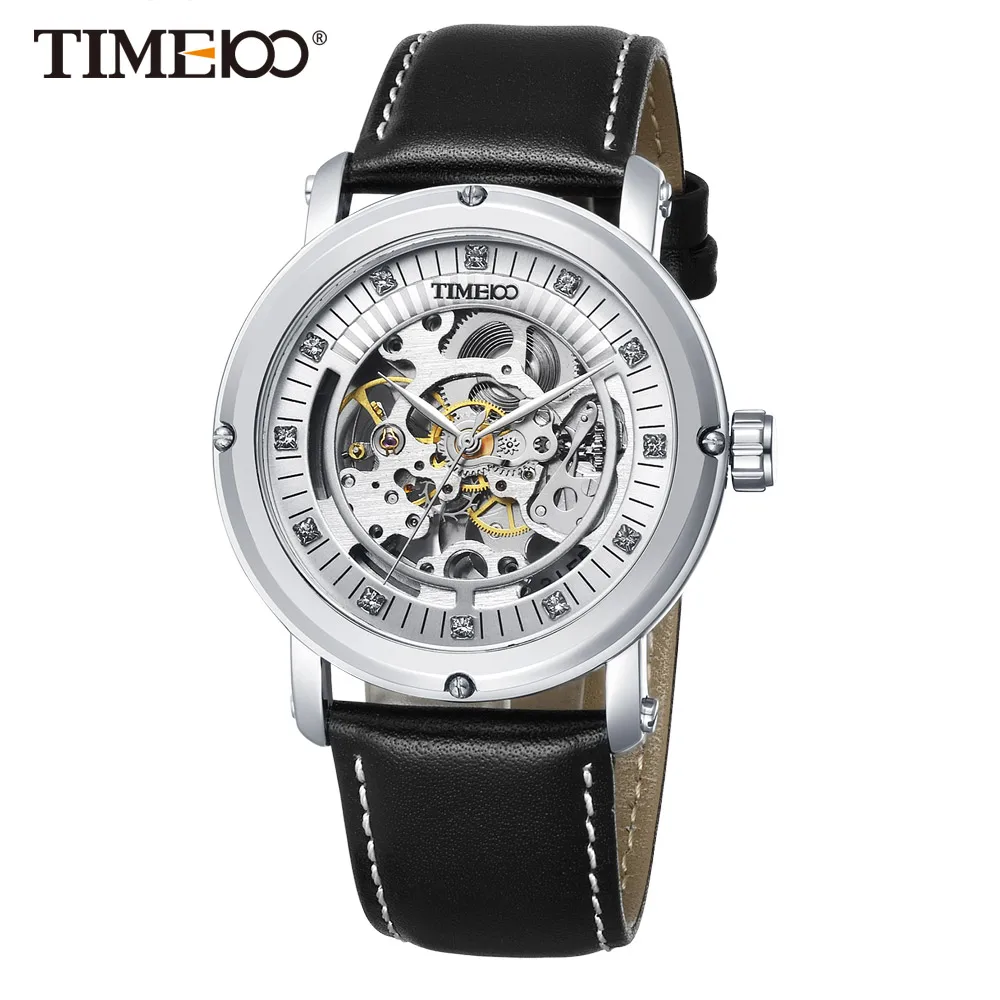 

2017 New TIME100 Men Mechanical watch Automatic Self-wind Skeleton Watches Black Leather Business Causal Wrist Watch For Men