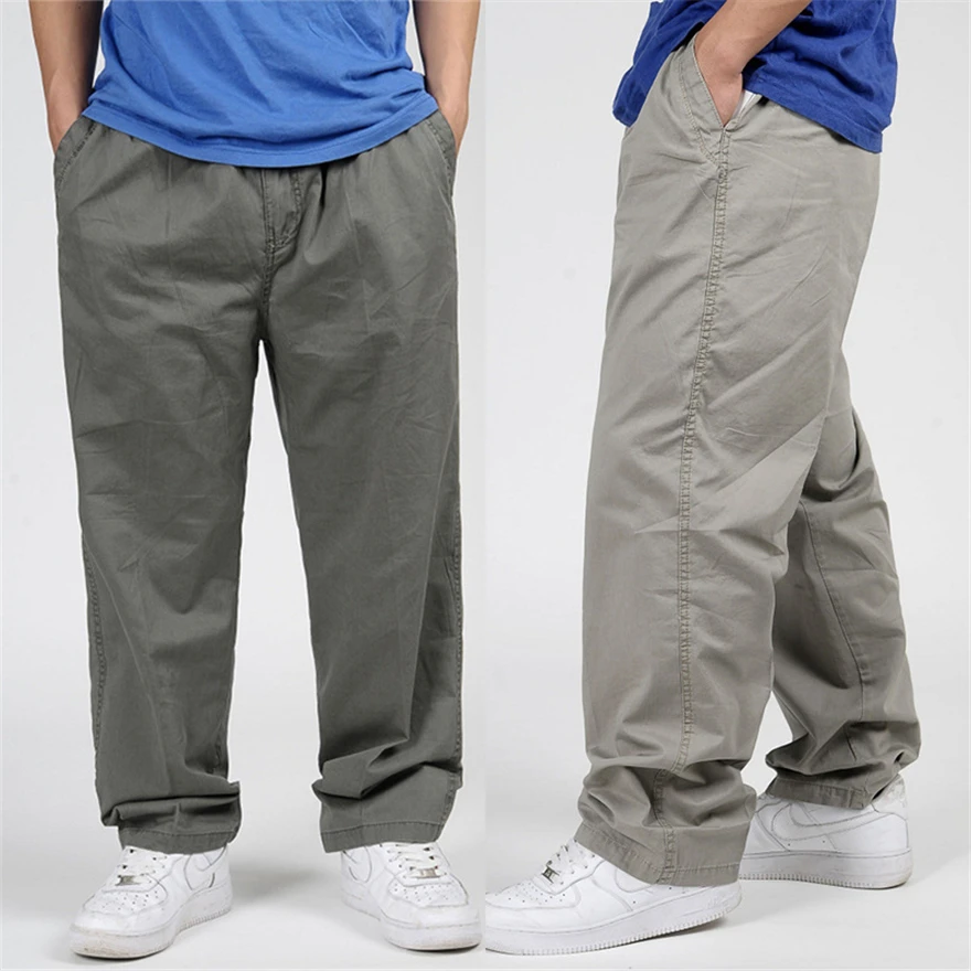 Mens casual loose pants trouser cargo overalls elastic waist pocket cotton long