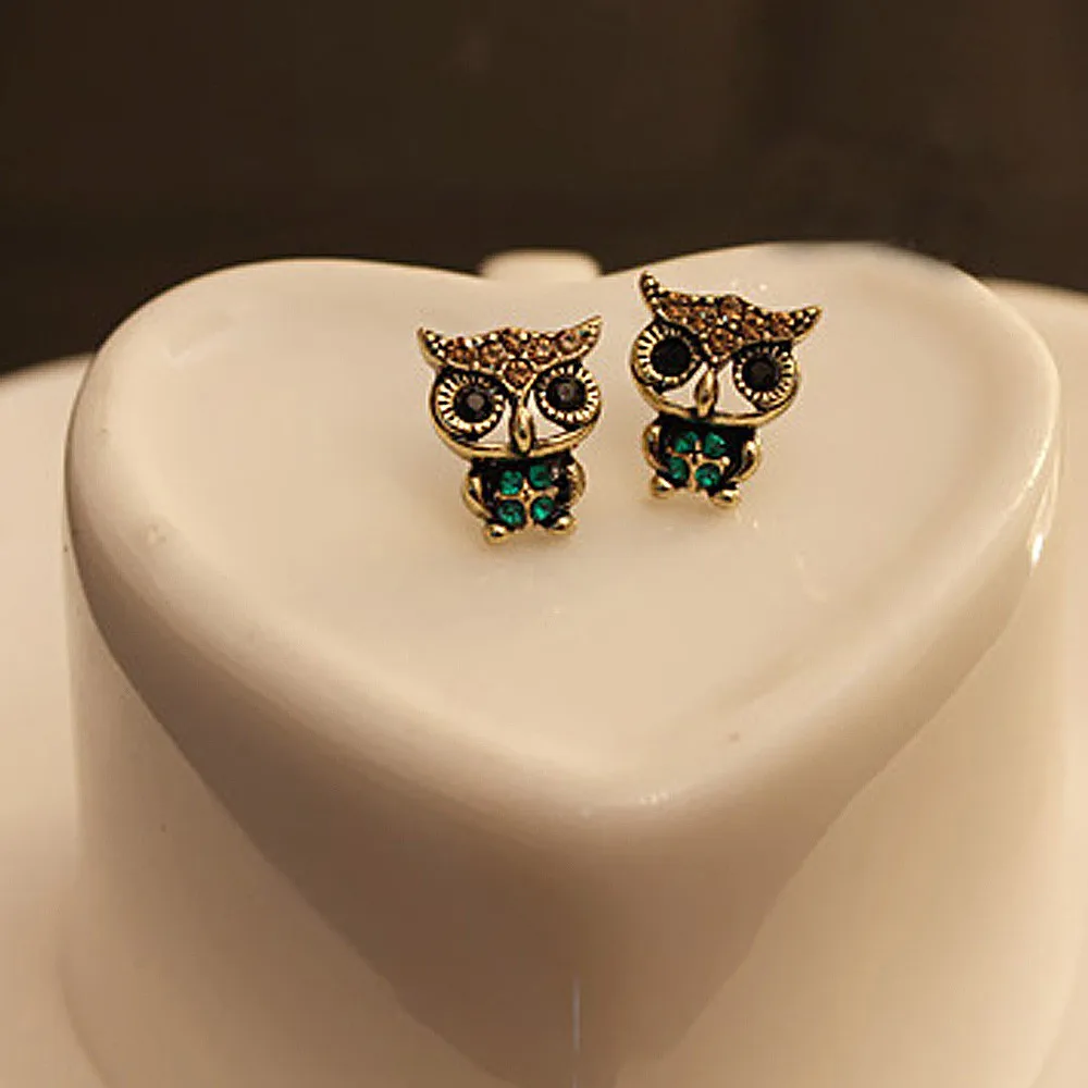 Fashion Style Owl Rhinestone Cute Vintage Ear Stud Earrings Cute Girl
