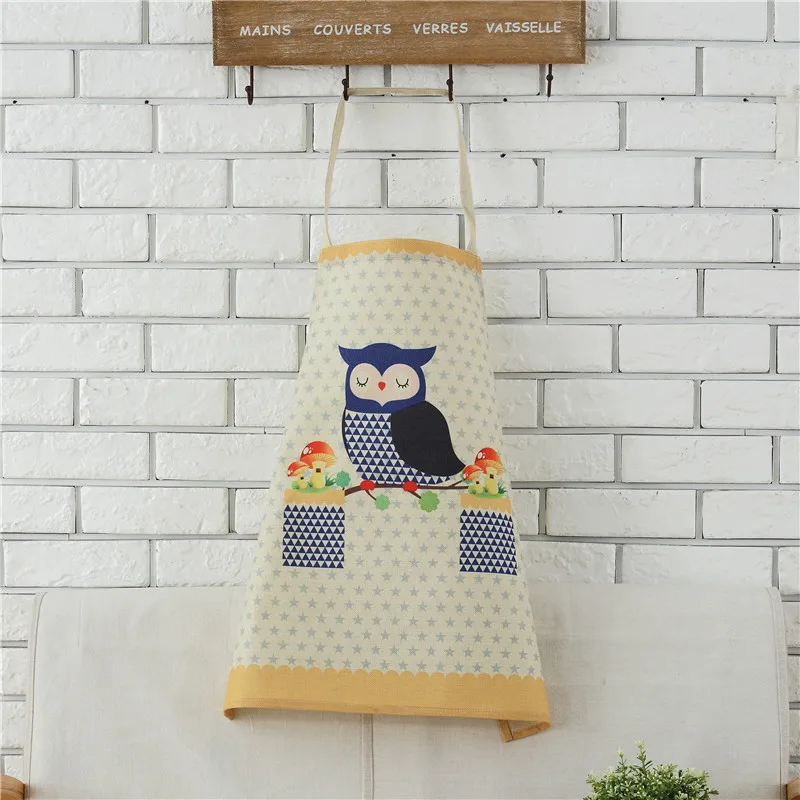 1pcs Cotton Linen Owl Flower Pattern Apron Woman Adult Bibs Home Cooking Baking Coffee Shop Cleaning Apron Kitchen Accessory