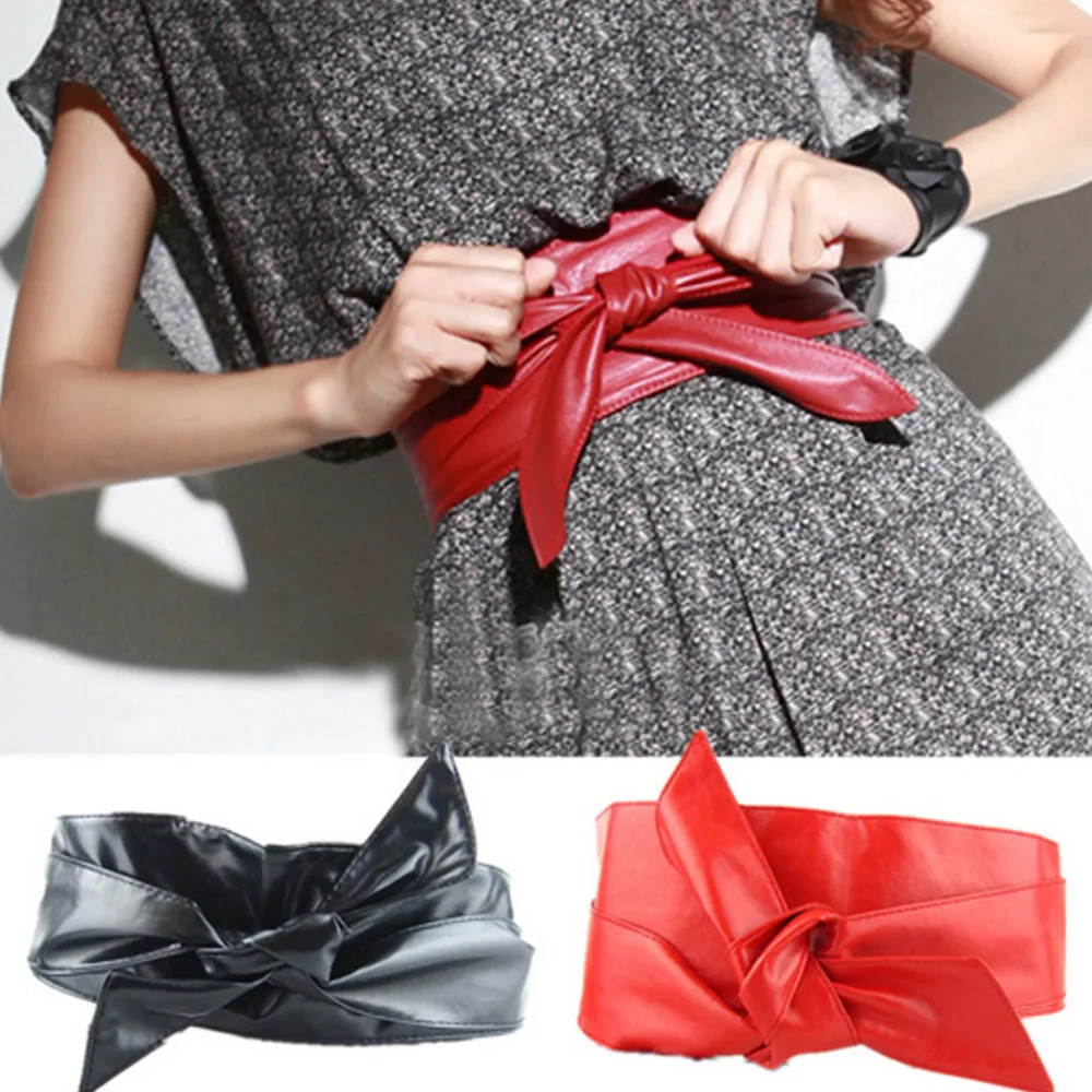 

Long Section Bow-knot Soft PU Leather Body Shaping Bands Wide Belt Cummerbund Women Accessories