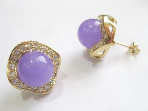 

2 colors wholesale fashion jewelry pretty 8mm purple/pink round jade & crystal 18kgp earring #002 5.29
