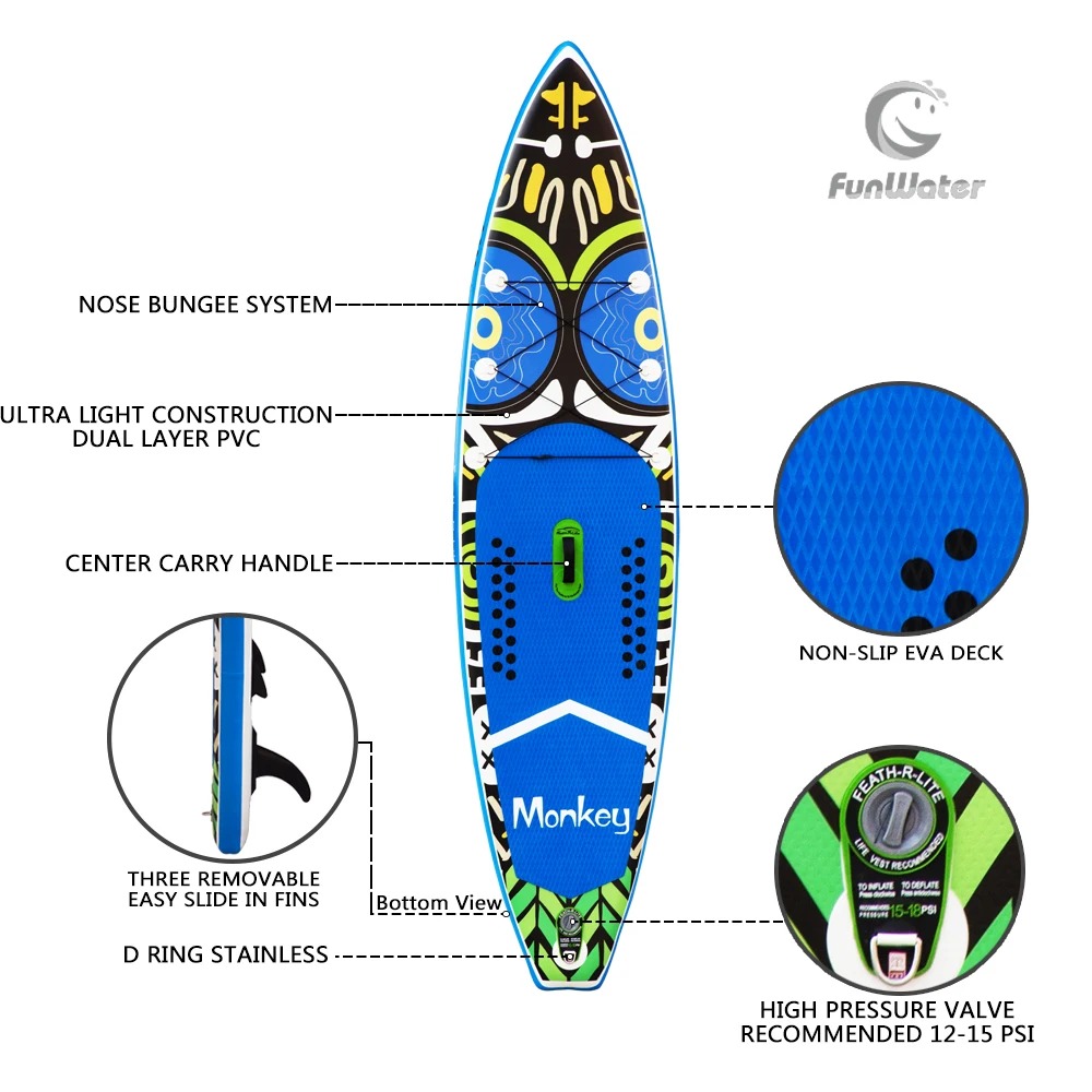 Funwater 11 'SUP надувная стоьте вверх весло доска с аксессуарами нижние плавники для гребли, контроль серфинга, нескользящая палуба