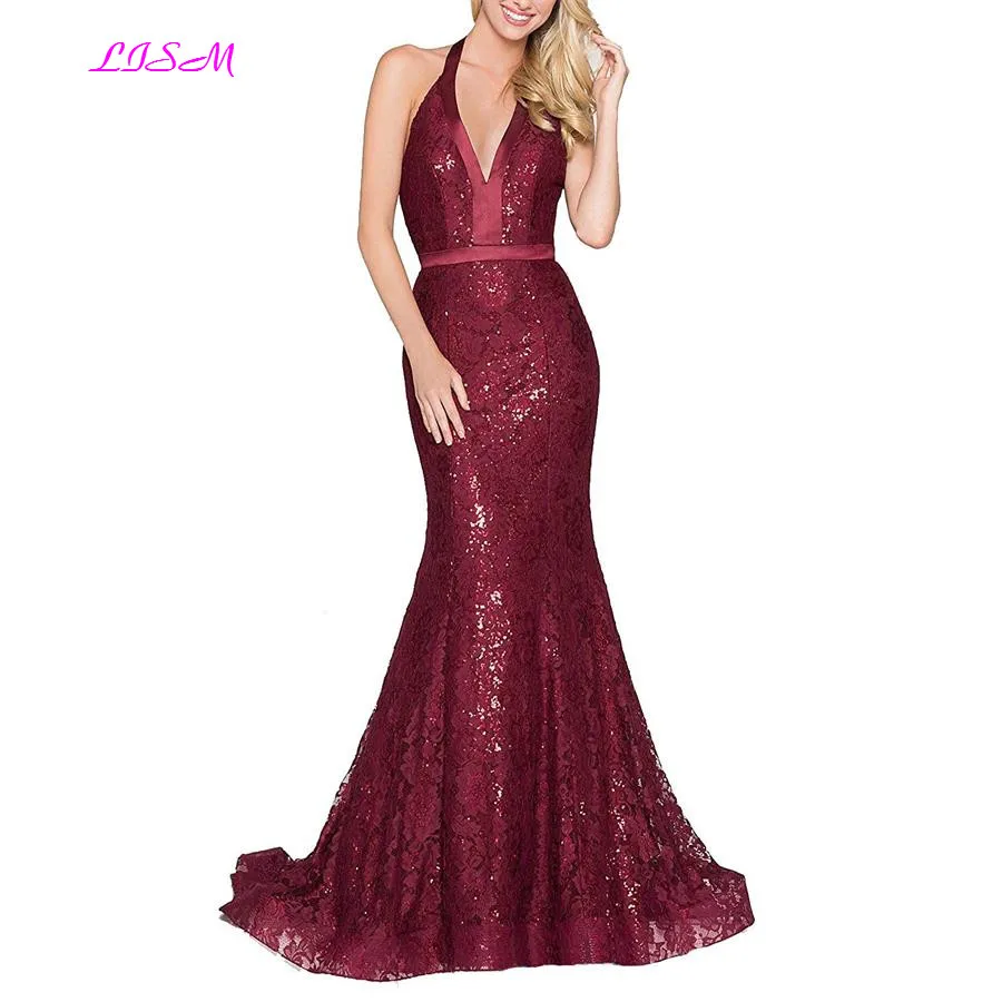 

Sexy Sparkling Sequins Mermaid Evening Dresses V-Neck Halter Lace Sweep Train Formal Gowns Long Backless Prom Dress robe soiree