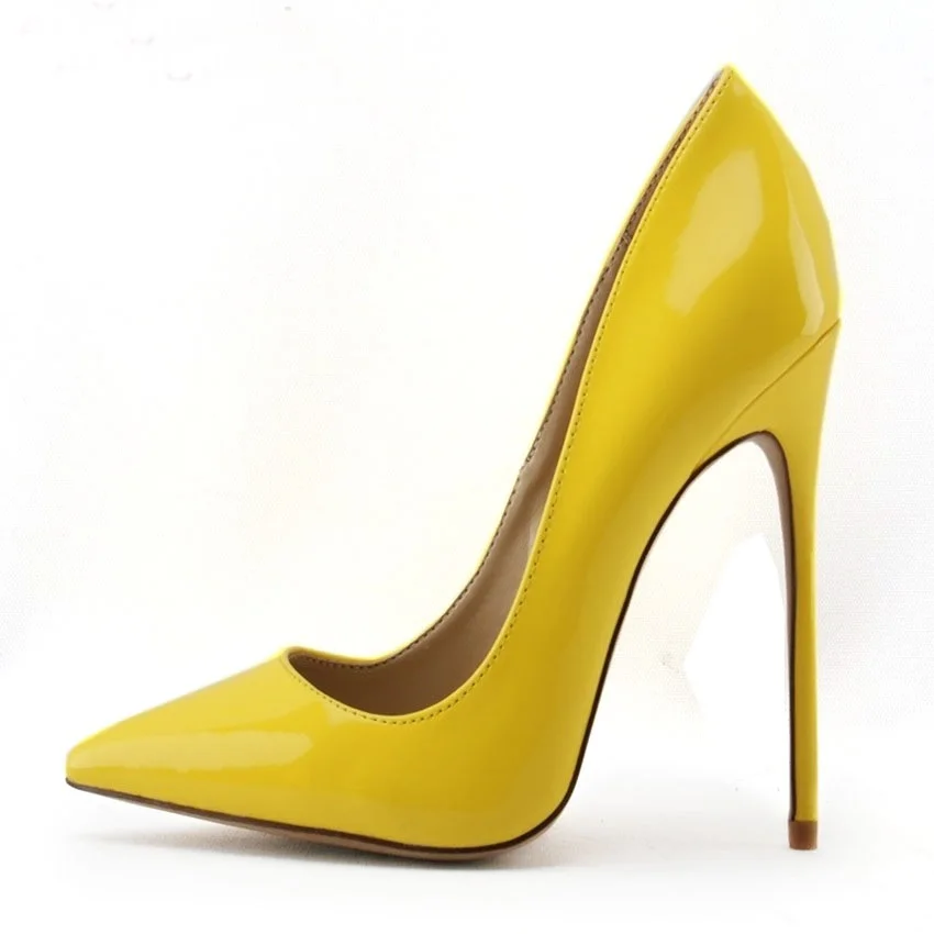 

New Fashion 12 CM Chic Yellow Popular Woman Pointed Toe Pumps Shallow Thin High Heels Big Size Woman Party Wedding Shoes