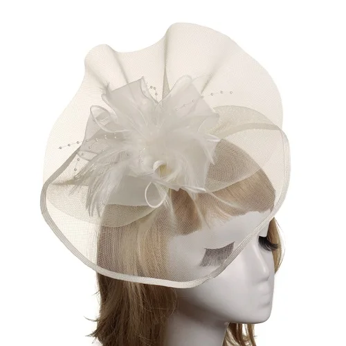 Chapeu Casamento Свадебные шляпы с клипсой перо бисером элегантный головной убор свадебные головные уборы вуалетки и шляпы винно-красный белый - Цвет: Белый