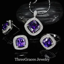 Stylish Purple Amethyst 925 Sterling Silver Jewellery Micro Pave CZ Diamond Sq. Ring Necklace And Earring Units For Ladies JS189