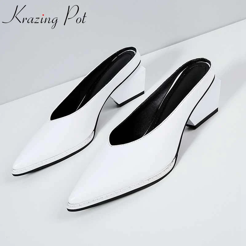 

2019 hot sale Krazing pot brand shoes square high heels streetwear mules elegant genuine leather slip on women summer pumps L86