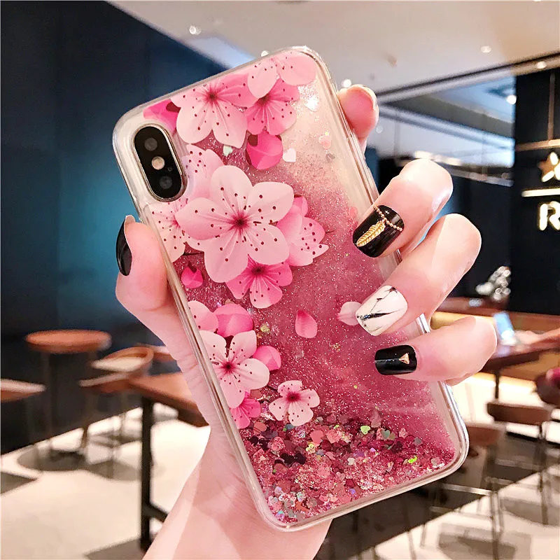 

Peach Flower pattern Liquid quicksand glitter TPU Silicone Case Coque on for iPhone 5 5s SE 6 6S 7 8 Plus X XR XS Max case funda