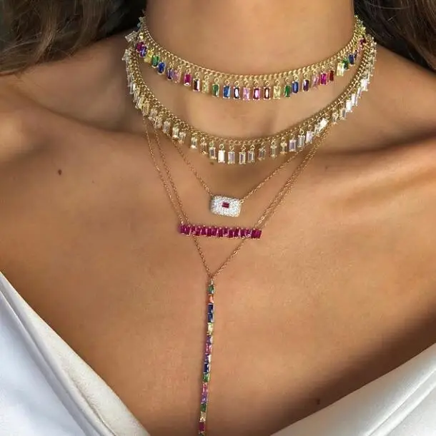 

32+8cm rainbow cz drop choker baguette cz charm necklace luxury fashion women statement necklaces Gold