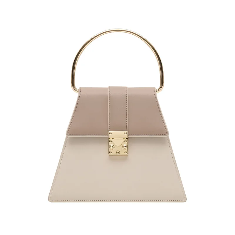 

Geometric Trapezoidal Panelled Shoulder Bag Genuine Leather Hand Bag Metal Handle for Women
