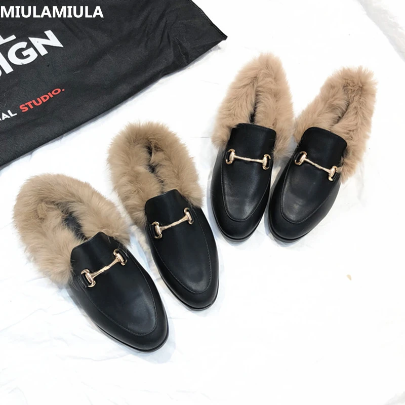 

MIULAMIULA Brand Designers Black White Metal Chain Flat Leather Plush Slipper Slip On Fur Slides Loafers Mules Winner Shoes35-41