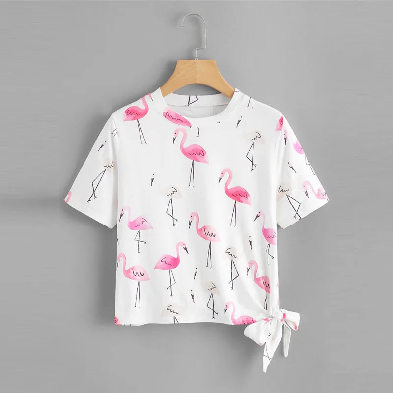 ROMWE/футболка с принтом Фламинго сбоку, летняя футболка с круглым вырезом и изображением животных, белая повседневная женская футболка с коротким рукавом - Цвет: Белый