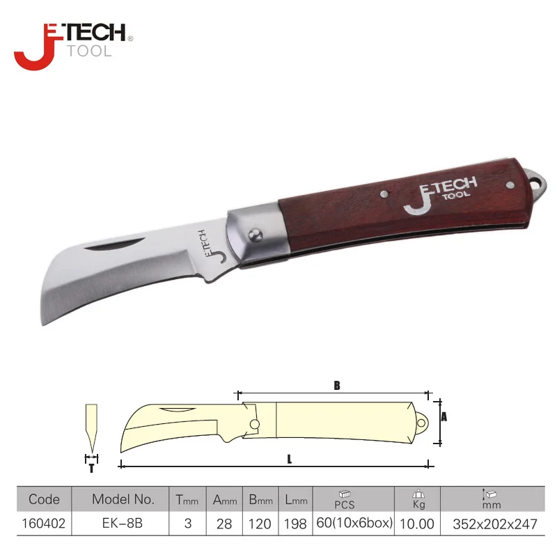 

Jetech pocket folding pneutronic curved edge blade knife for wire stripping tools wooden handle with notch and rings EK-8B