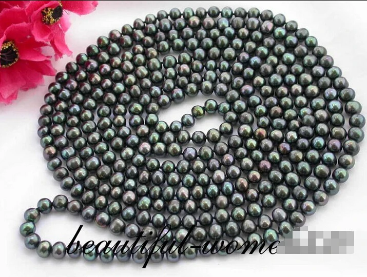 

fast long 100" 8mm round peacock black freshwater pearl necklace AAA