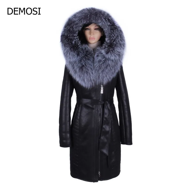 Winter Fashion Womens Real Fur Collar Jacket Long Sleeve Zipper Female Coat Chaquetas De Cuero Mujer Motorcycle Biker Plus Size