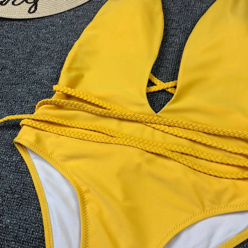 Сексуальный вязаный бандажный купальник, Цельный купальник для женщин, однотонный Желтый купальный костюм с открытой спиной, maillot de bain femme, монокини